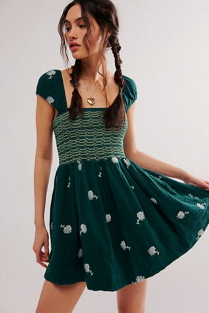 Free People Tory Embroidered Smocked Mini Dress Green Floral Size Small